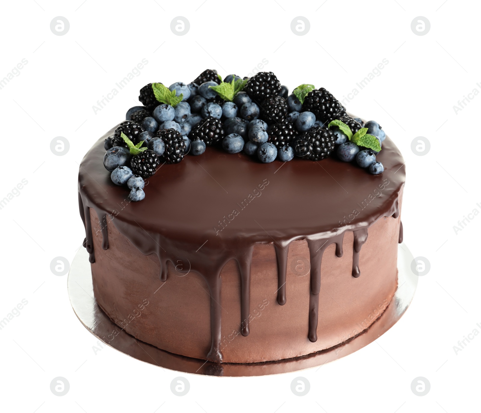 Photo of Fresh delicious homemade chocolate cake with berries on white background