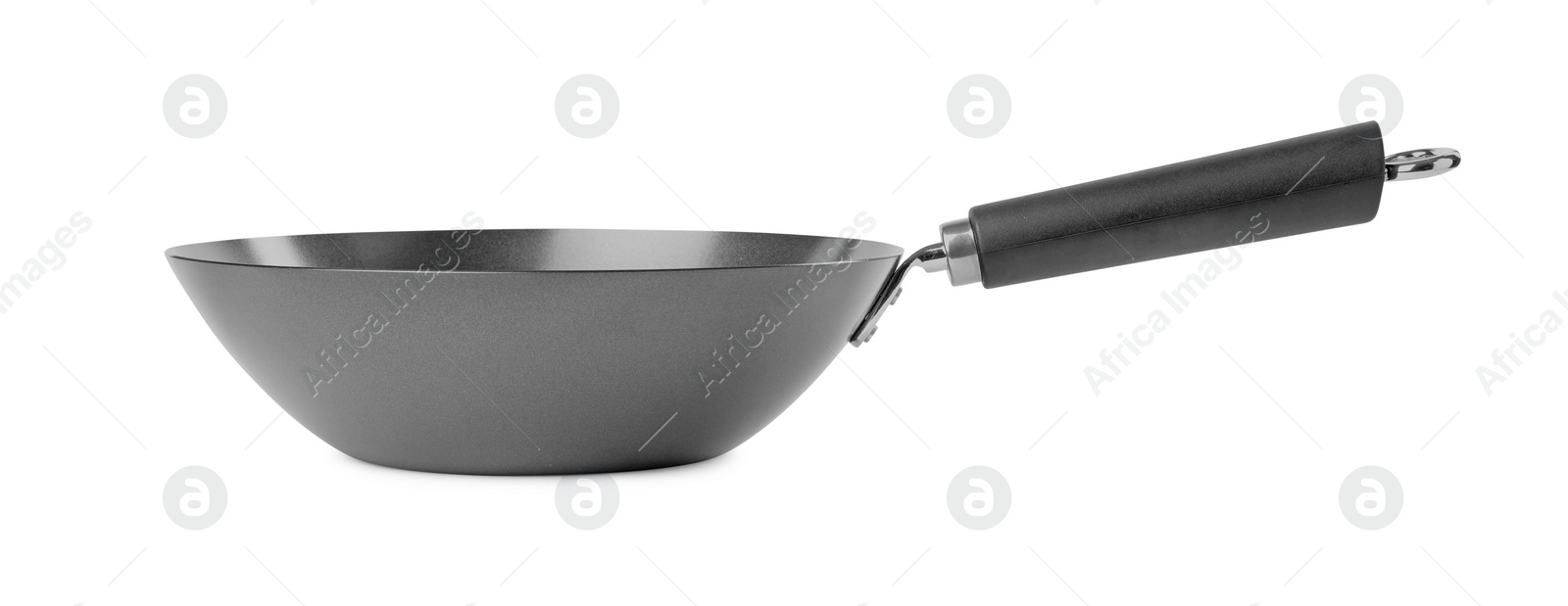 Photo of One empty metal wok isolated on white