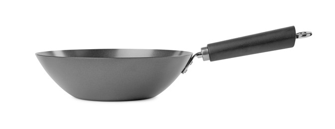 One empty metal wok isolated on white