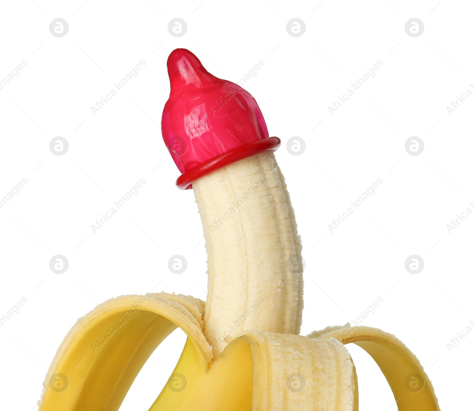 Photo of Banana with condom isolated on white. Safe sex concept