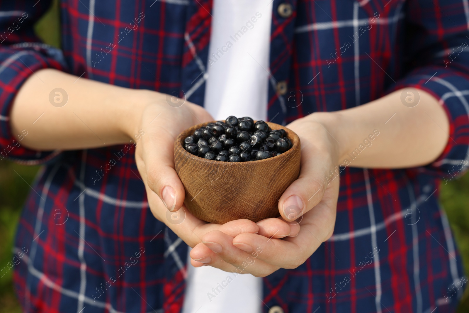 Photo of Woman holding wooden bowl of bilberries, closeup