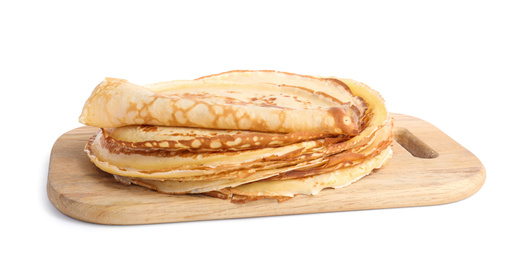 Stack of fresh thin pancakes isolated on white