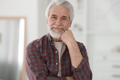 Portrait of happy grandpa with grey hair indoors