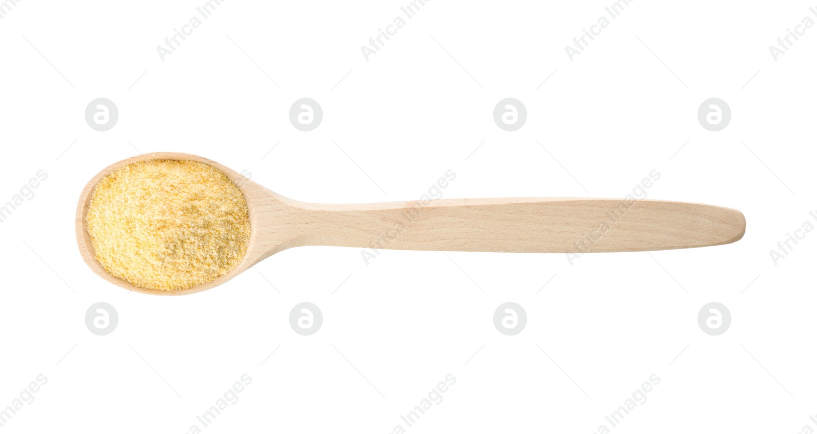 Photo of Spoon of corn flour isolated on white, top view