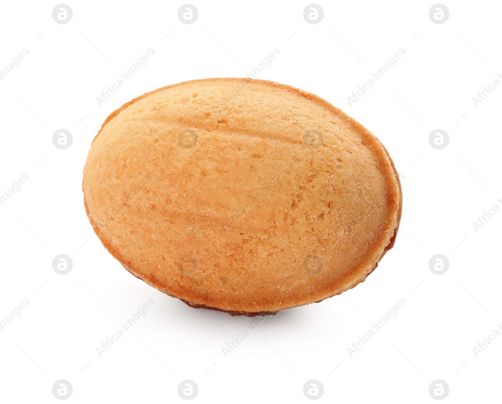 Photo of Delicious nut shaped cookie with boiled condensed milk isolated on white