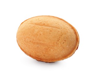 Photo of Delicious nut shaped cookie with boiled condensed milk isolated on white