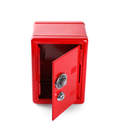 Open red steel safe isolated on white