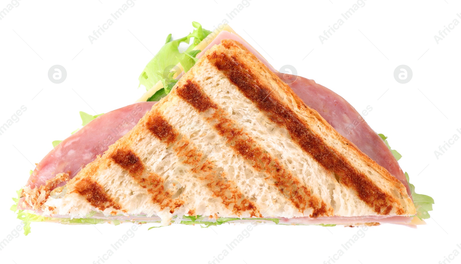 Photo of Tasty sandwich with ham on white background, top view