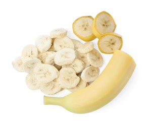 Photo of Sweet sublimated and fresh bananas on white background, top view