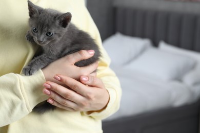 Woman with cute fluffy kitten at home, closeup. Space for text