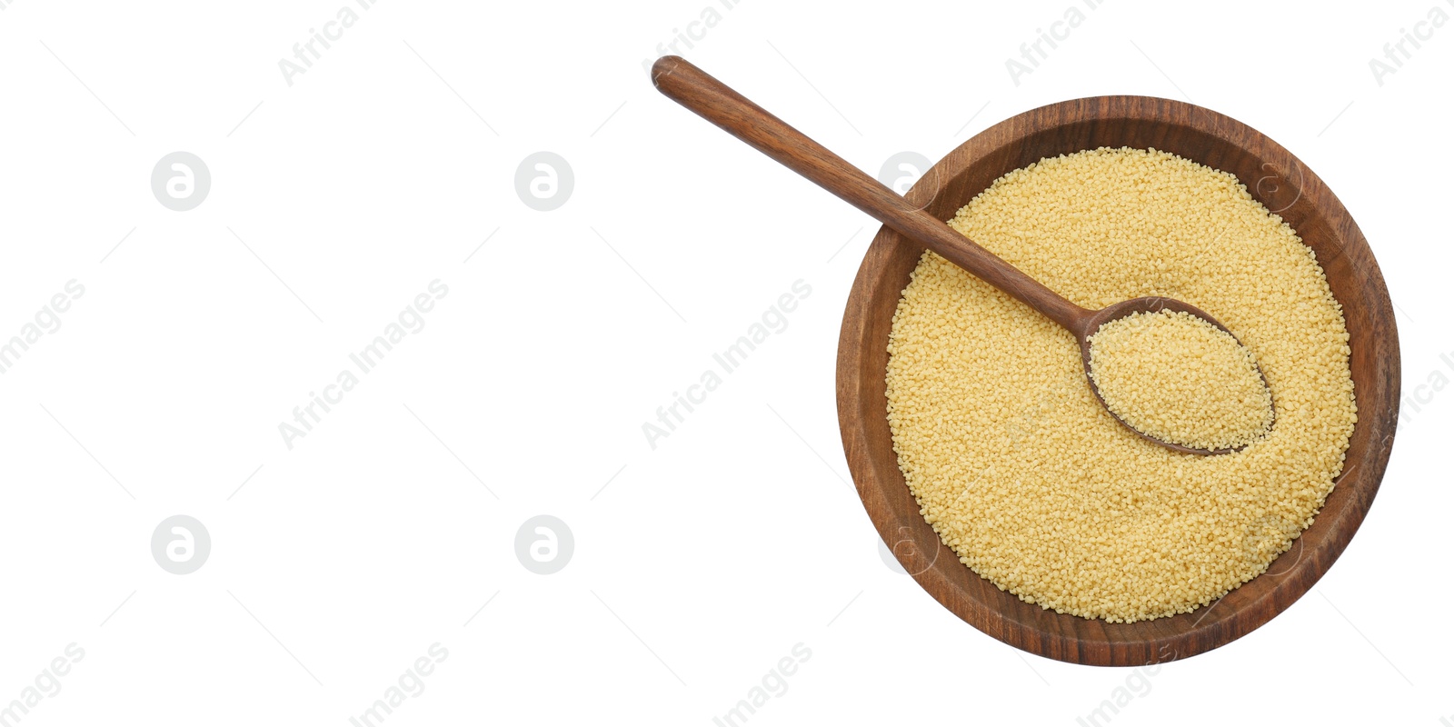 Image of Raw couscous and spoon in wooden bowl on white background, top view. Banner design