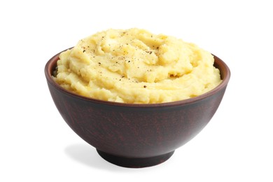 Photo of Bowl of tasty mashed potatoes with black pepper isolated on white