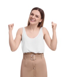 Beautiful emotional businesswoman posing on white background