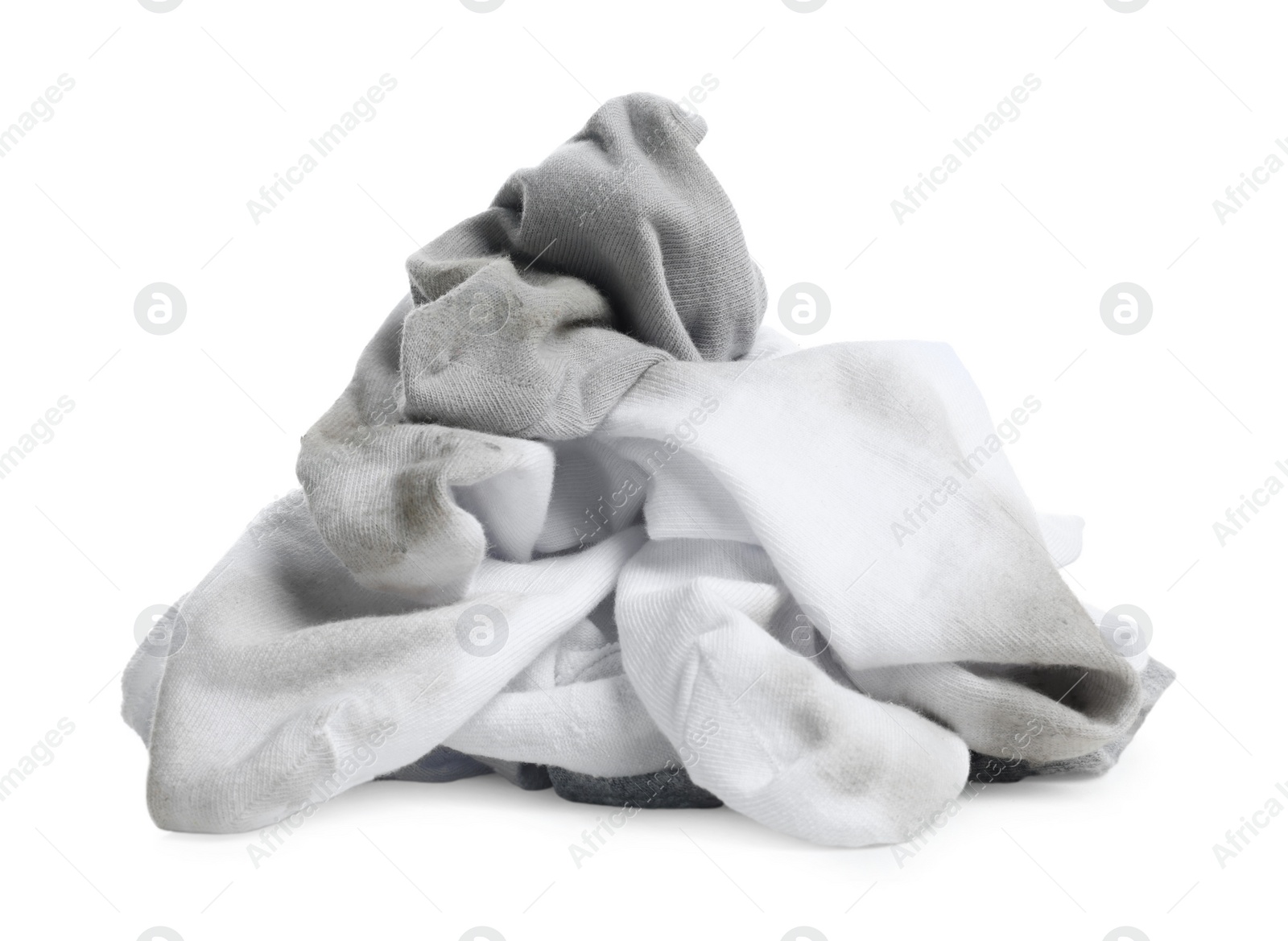 Photo of Different used dirty socks on white background