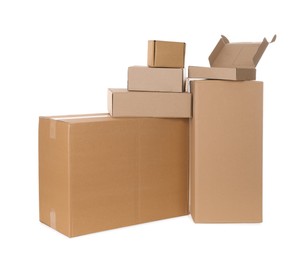 Pile of cardboard boxes on white background