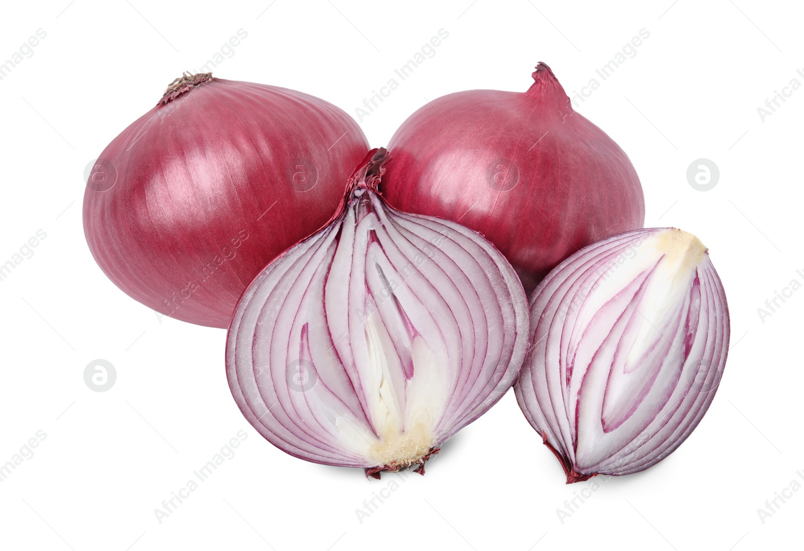 Photo of Ripe fresh red onions isolated on white, top view