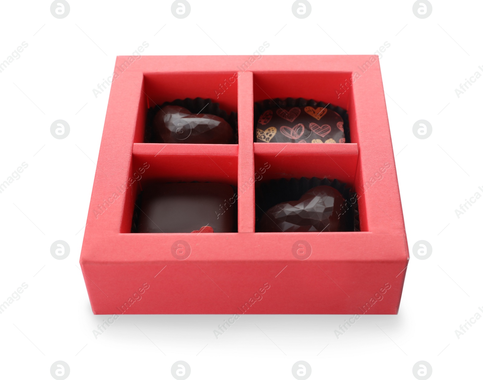 Photo of Box with tasty chocolate candies isolated on white