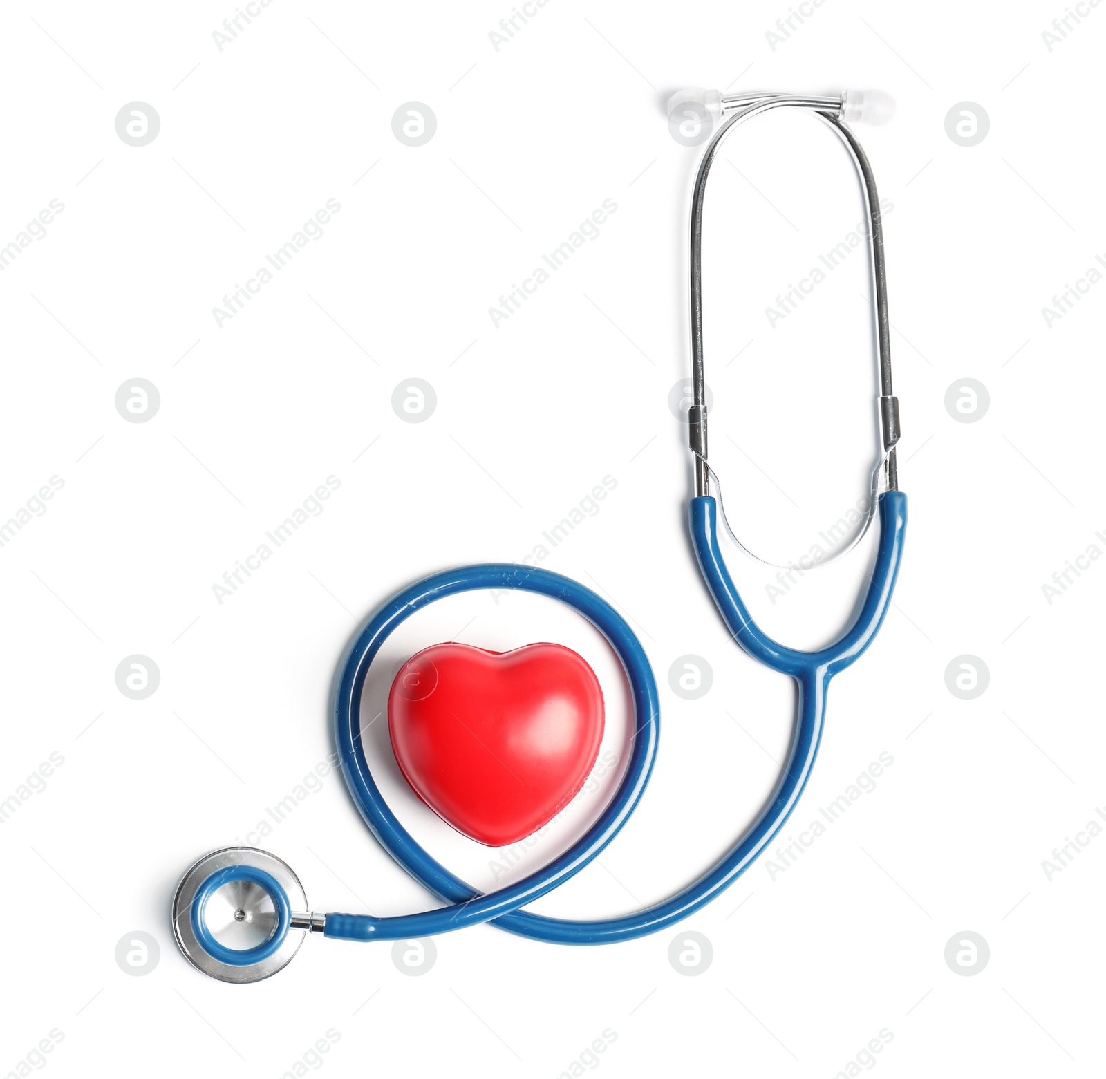 Photo of Stethoscope and heart model on light background, top view. Medical equipment