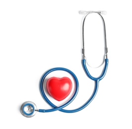 Photo of Stethoscope and heart model on light background, top view. Medical equipment