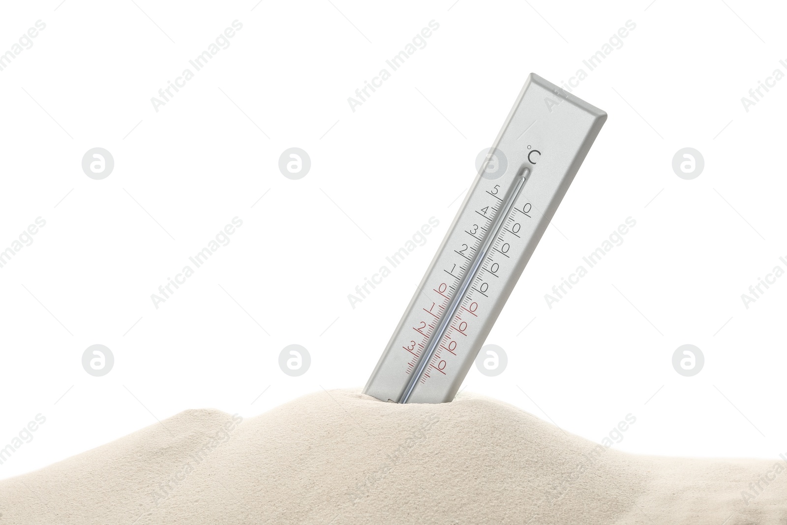 Photo of Weather thermometer in sand against white background