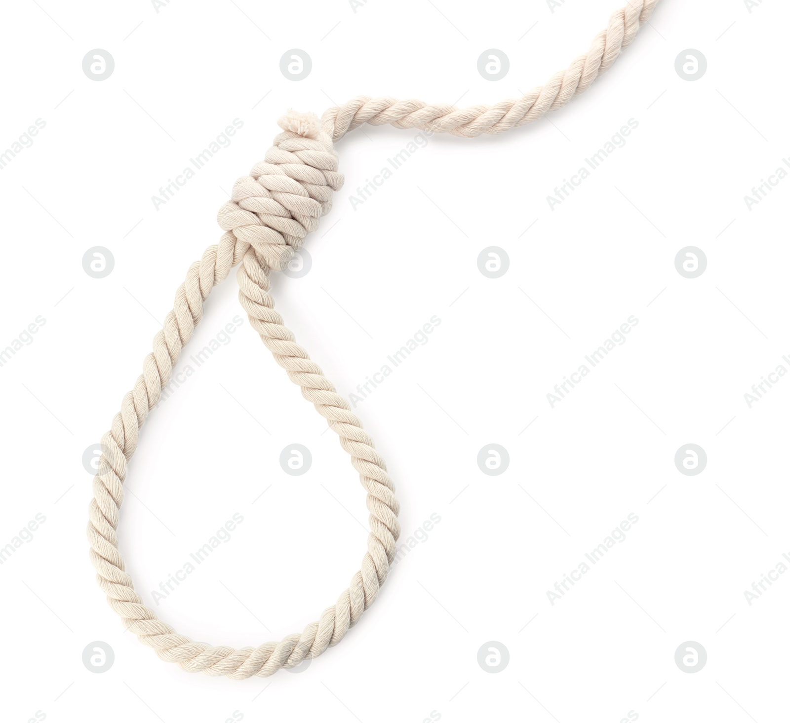 Photo of Rope noose with knot on white background, top view