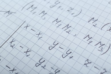 Photo of Sheet of paper with different mathematical formulas, closeup