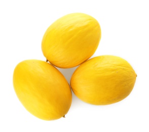 Whole tasty ripe melons on white background, top view