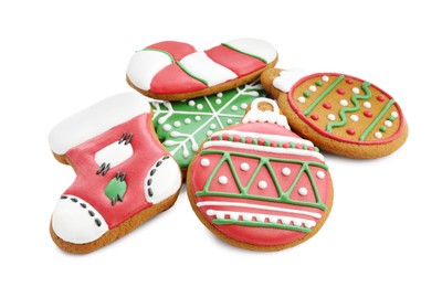 Different tasty Christmas cookies isolated on white