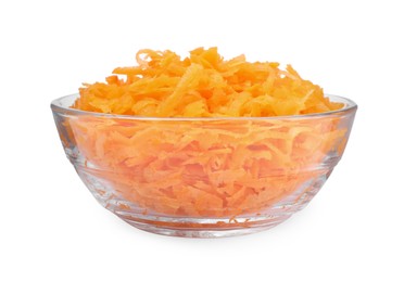 Photo of Fresh grated carrot in glass bowl isolated on white