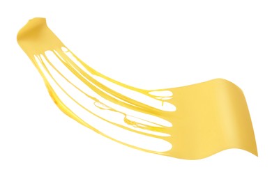 Image of Tasty cheese stretching in air on white background