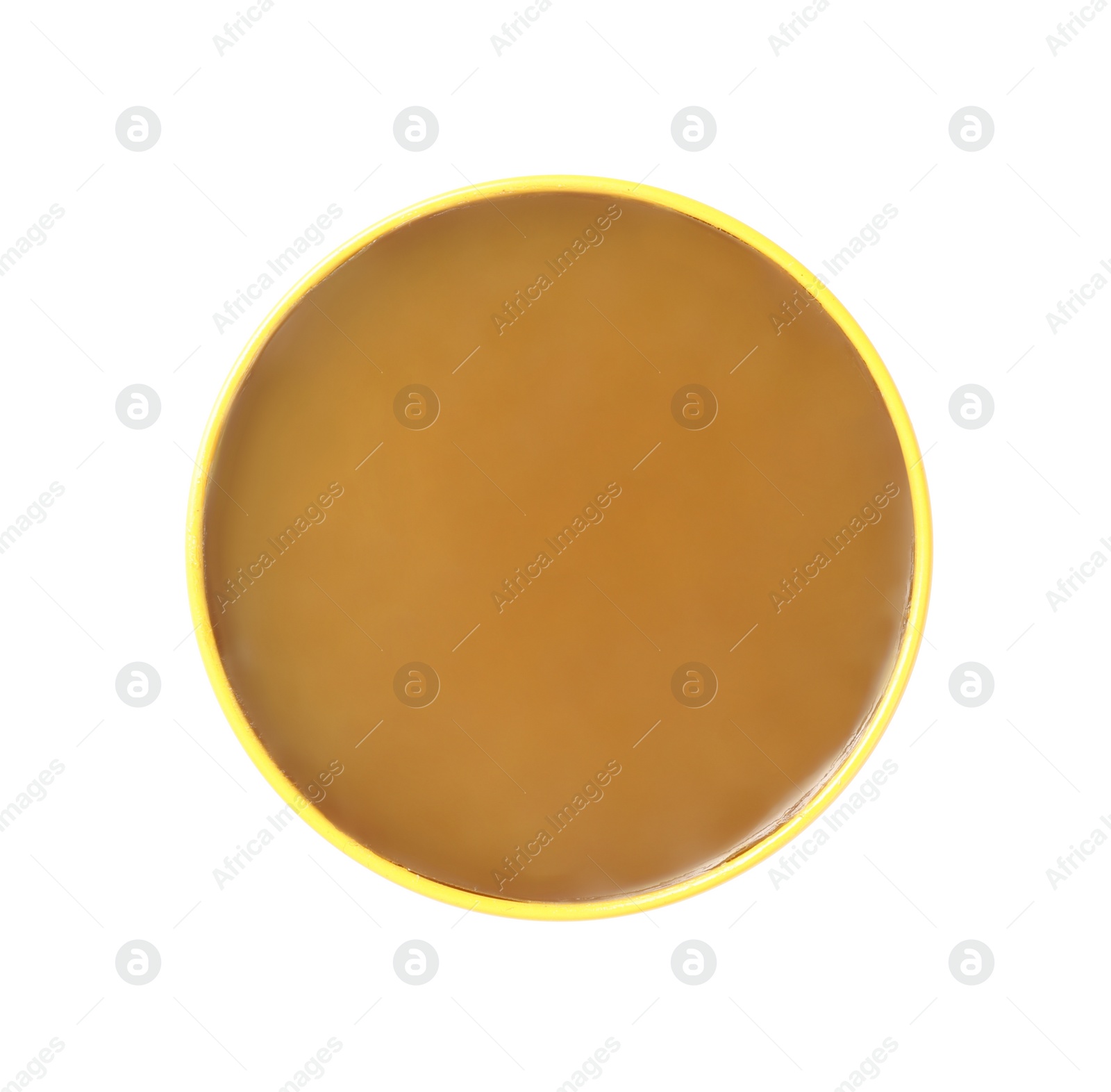 Photo of Can of shoe polish on white background, top view. Footwear care item