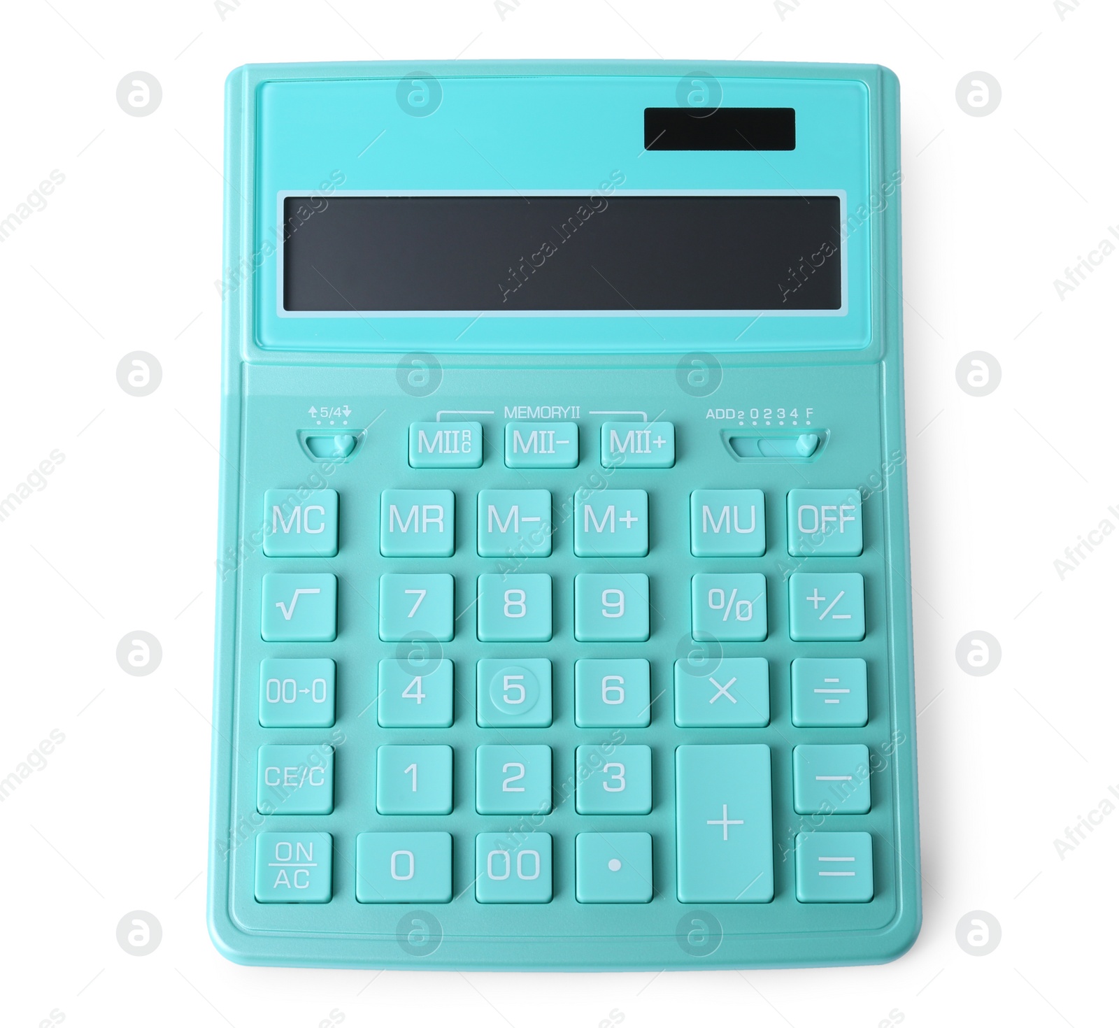 Photo of Turquoise calculator on white background, top view. School stationery