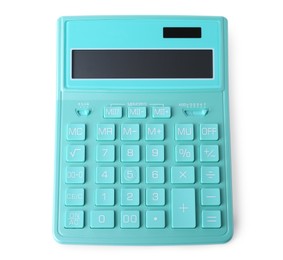 Turquoise calculator on white background, top view. School stationery