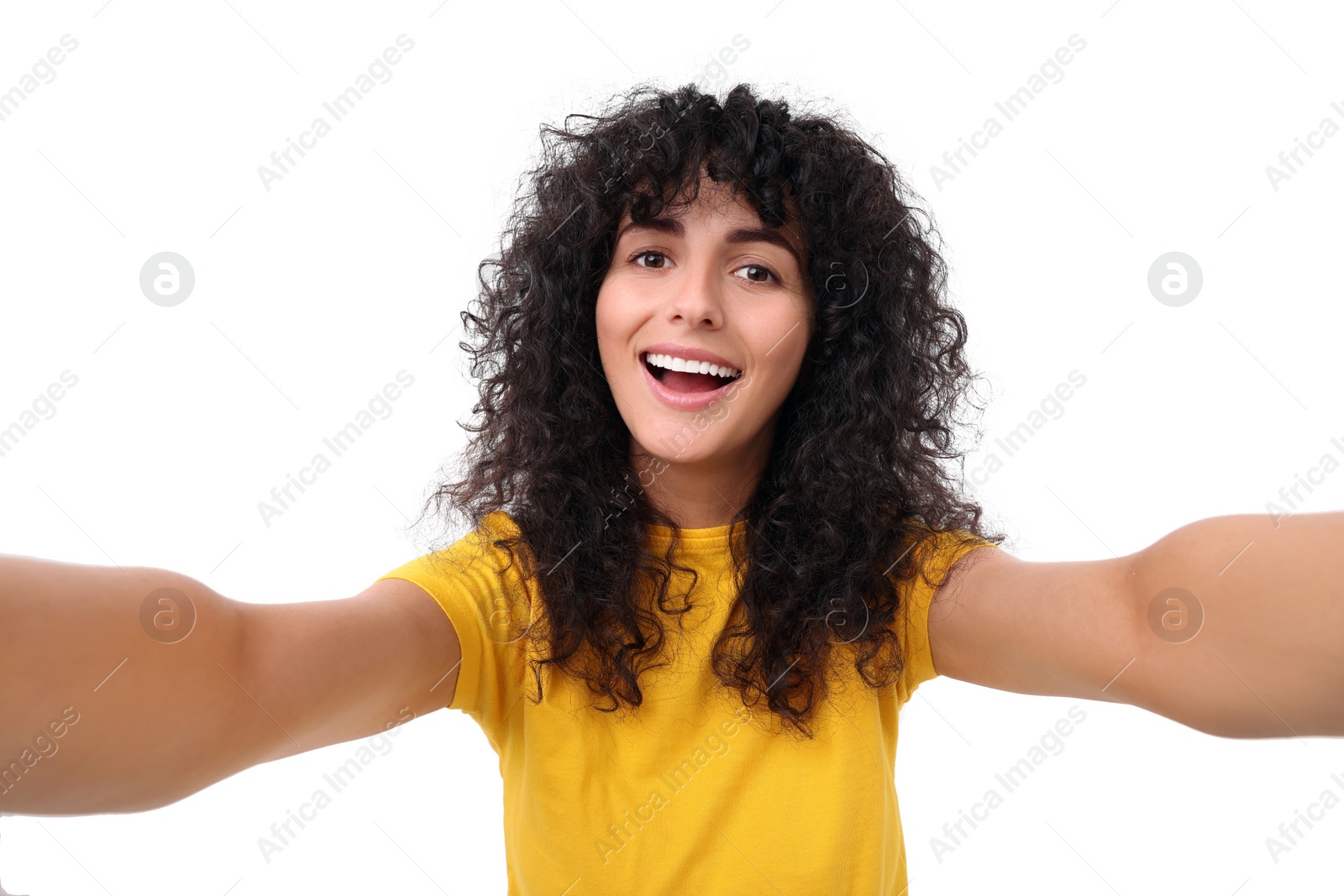 Photo of Beautiful young woman taking selfie on white background