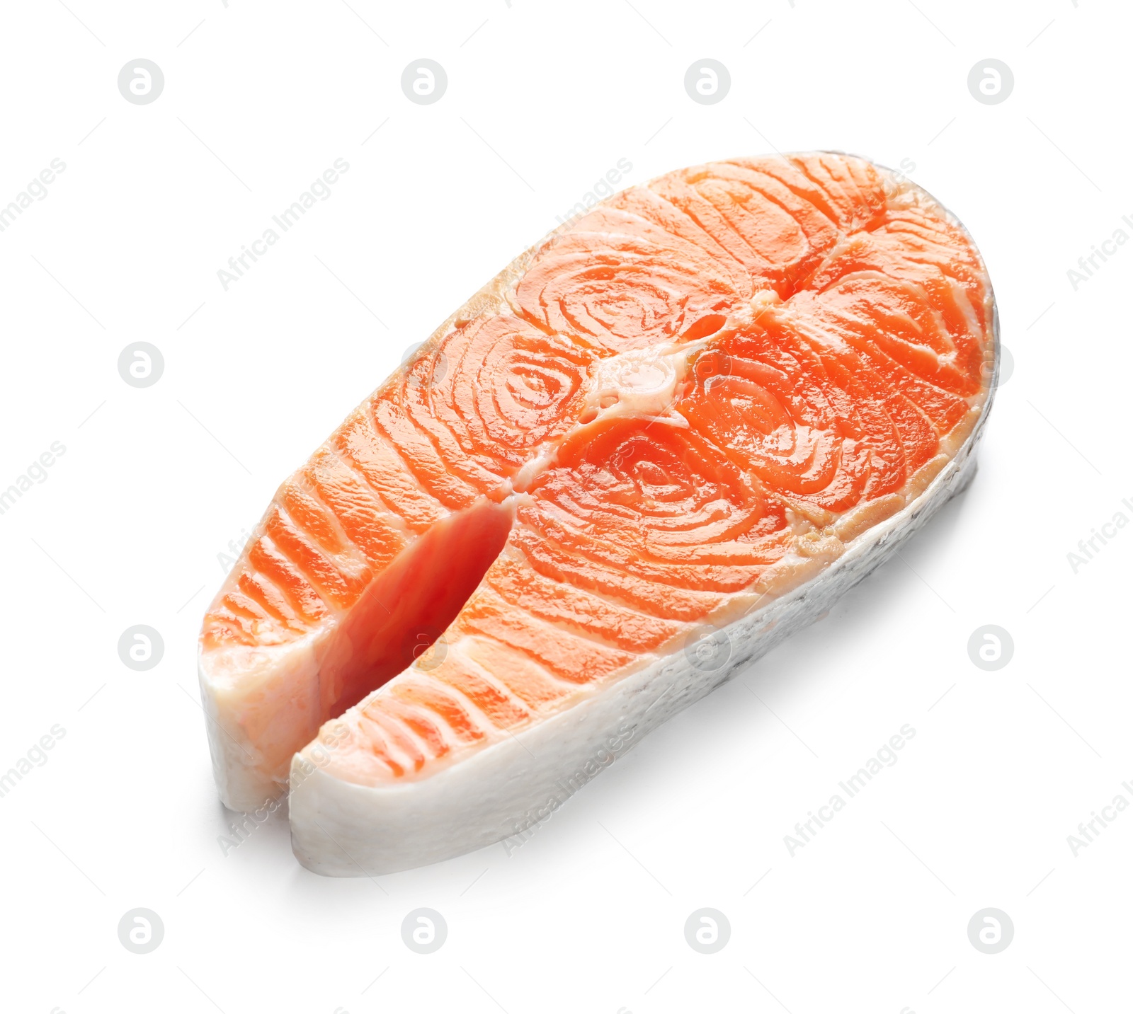 Photo of Raw salmon steak on white background. Natural food high in protein