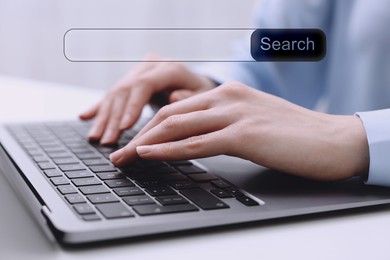 Image of Search bar of website over laptop. Woman using computer at table, closeup