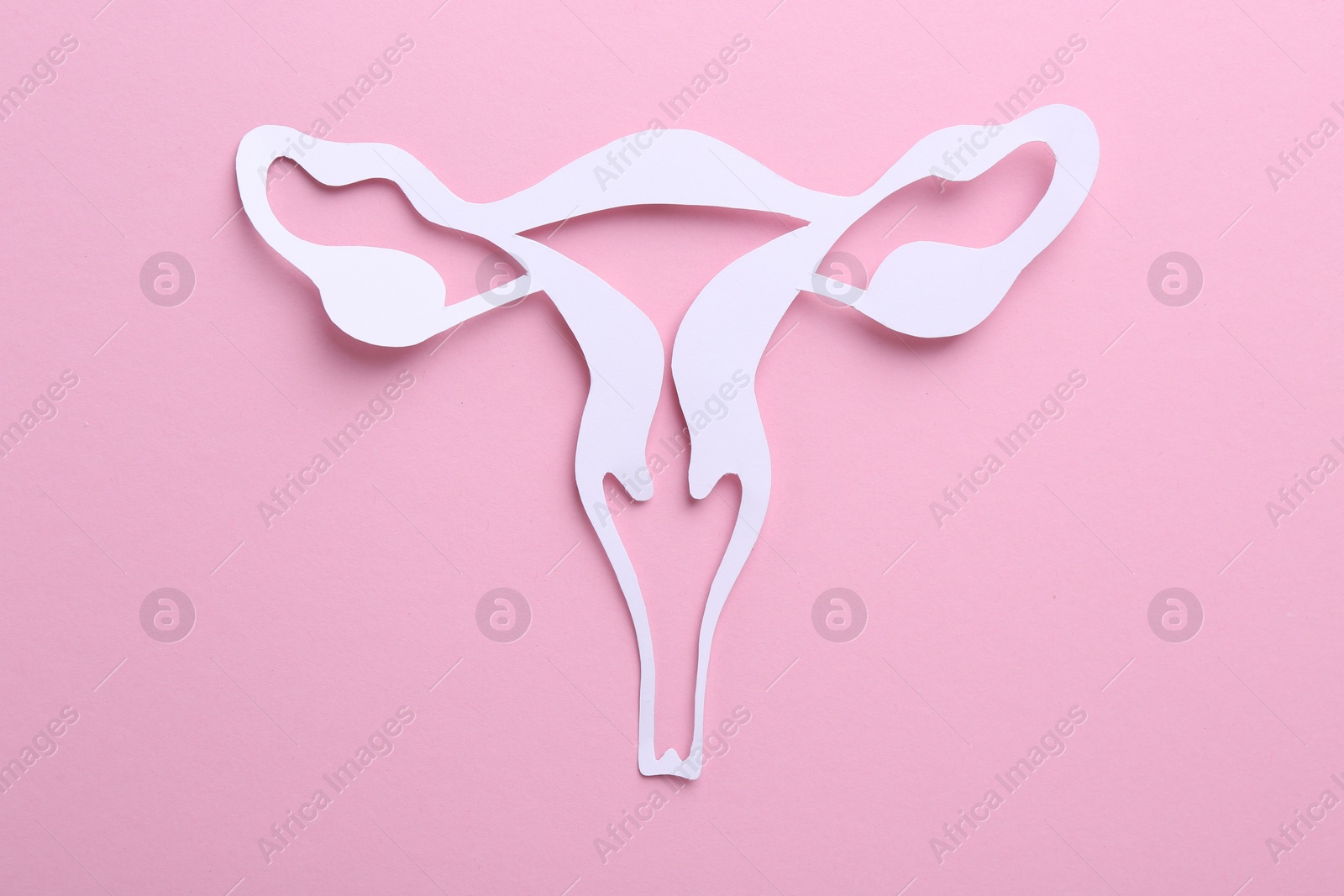 Photo of Reproductive medicine. Paper uterus on pink background, top view