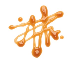 Photo of Stroke of sweet caramel sauce isolated on white, top view