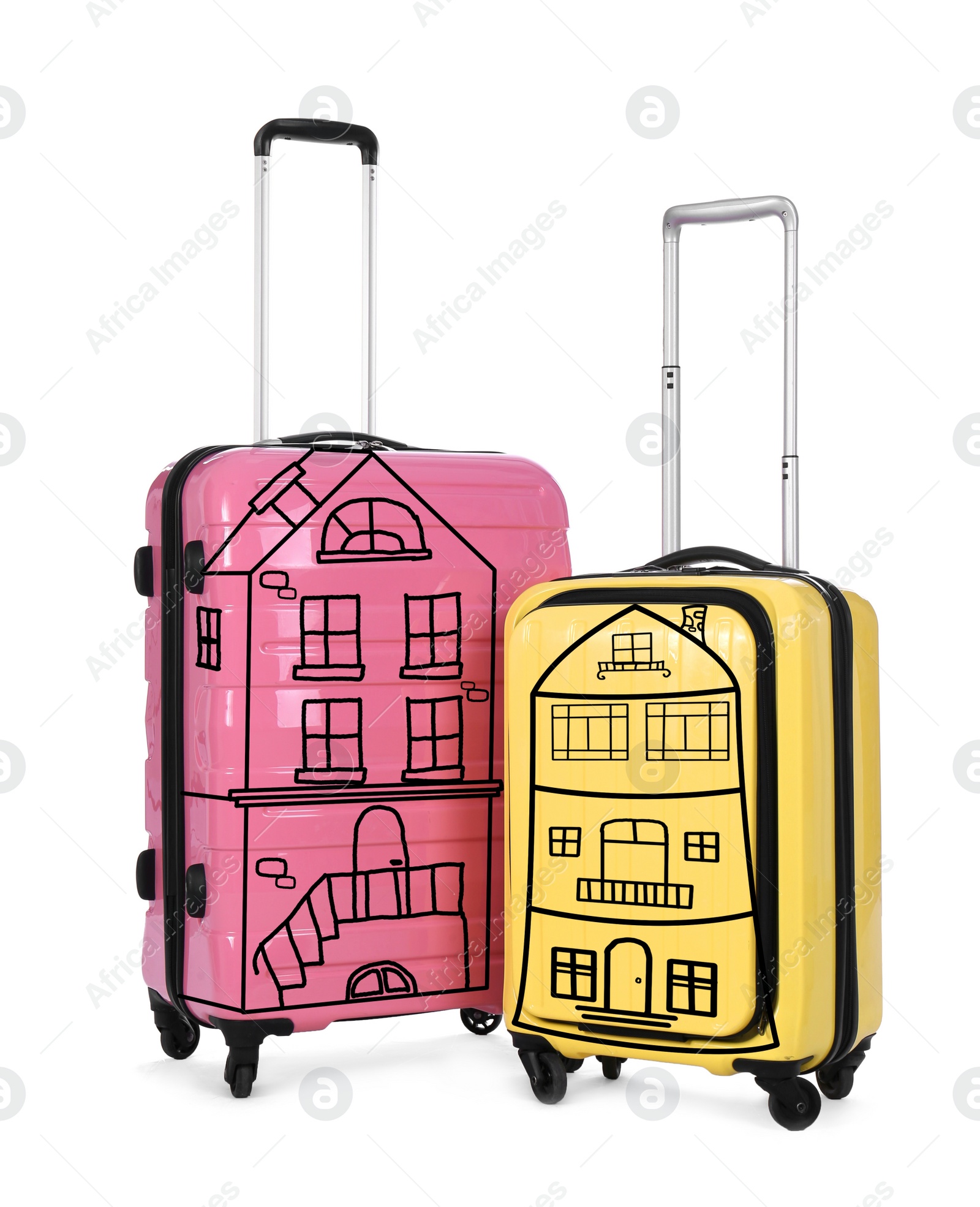 Image of Different suitcases with drawings of houses on white background. Moving concept