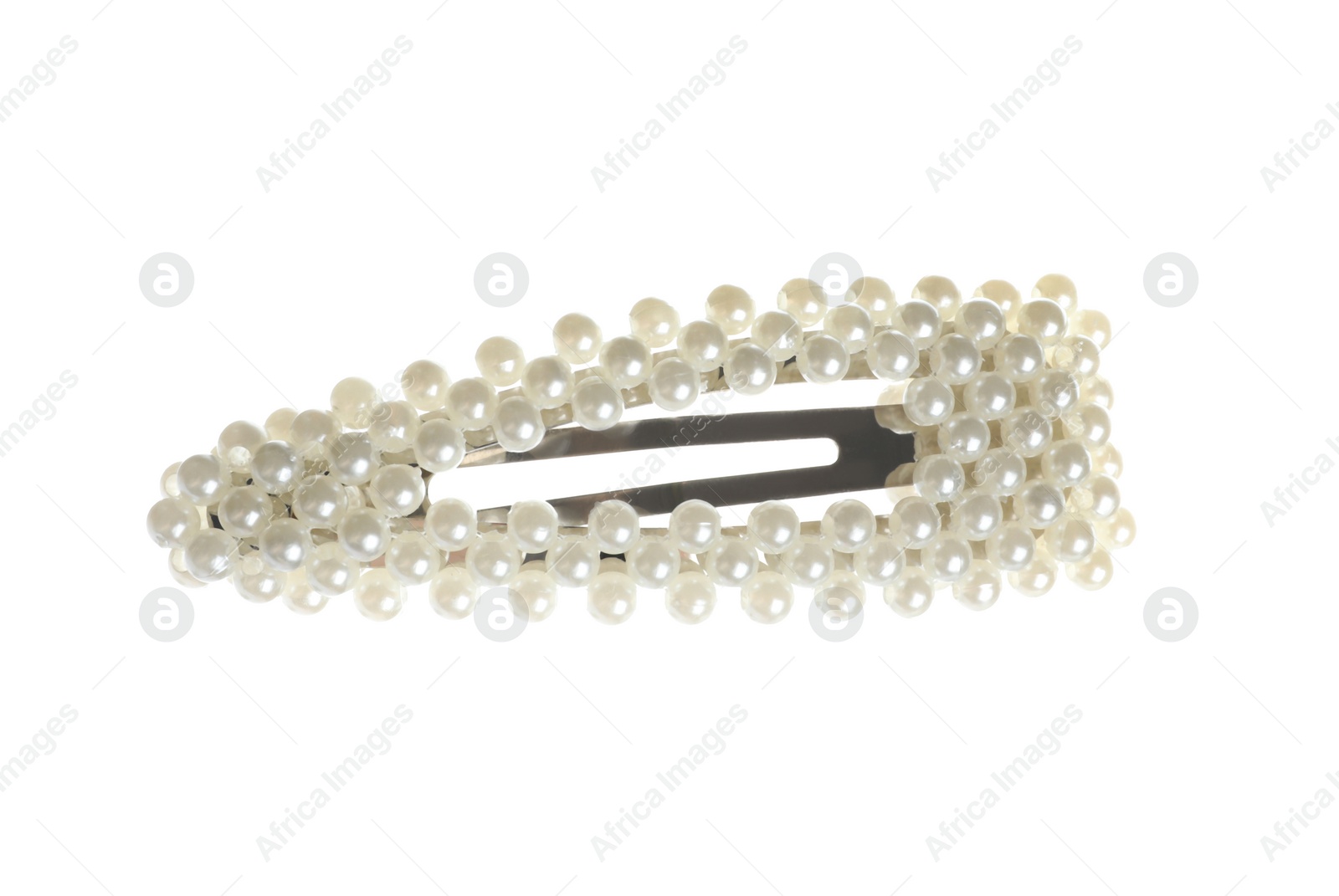 Photo of Stylish hair clip with pearls isolated on white, top view