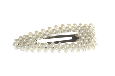 Photo of Stylish hair clip with pearls isolated on white, top view