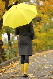 Woman with yellow umbrella walking in autumn park, back view