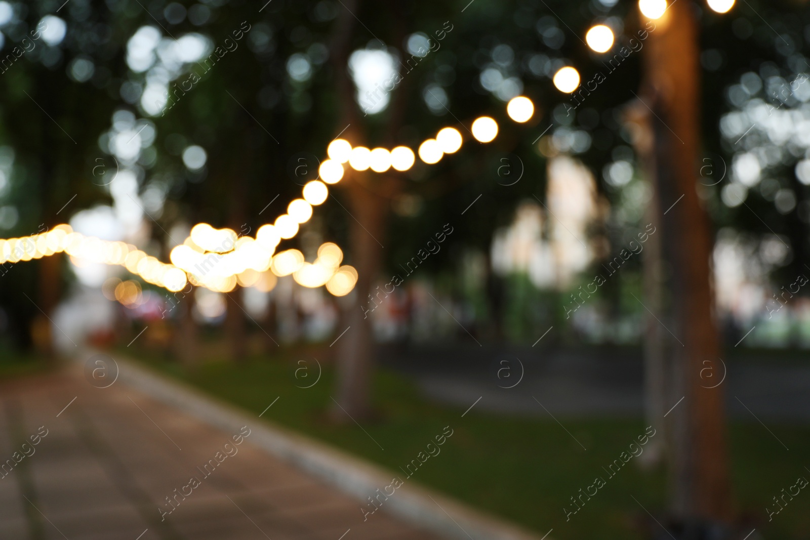 Photo of Blurred view of street with garland in evening. Bokeh effect