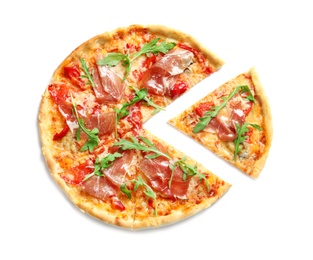 Photo of Tasty hot pizza with meat on white background