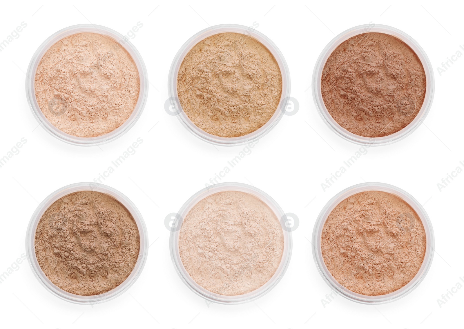 Image of Loose face powders of different shades isolated on white, collection. Top view