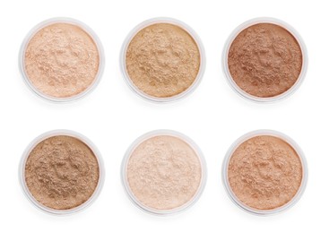 Image of Loose face powders of different shades isolated on white, collection. Top view