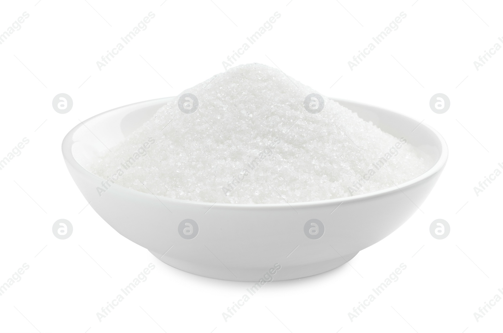 Photo of Granulated sugar in bowl isolated on white