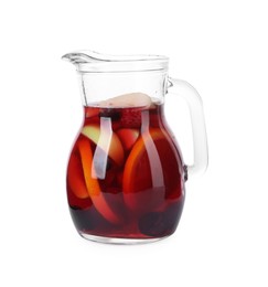 Photo of Glass jug of delicious sangria isolated on white