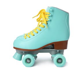 Photo of Pair of stylish quad roller skates on white background