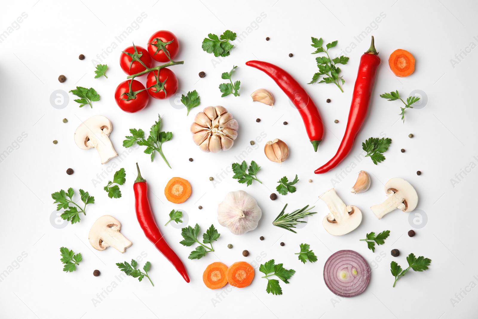 Photo of Flat lay composition with green parsley, peppercorns and vegetables on white background